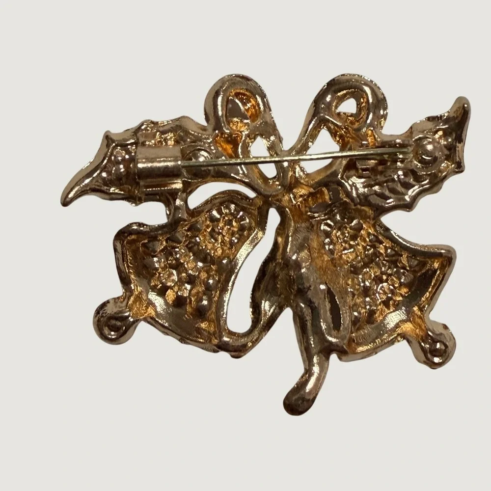 Christmas Bells Brooch Pin - Red & Green Rhinestone Holiday Jewelry